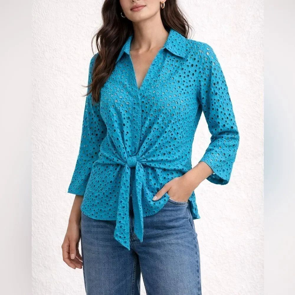 Mishca Turquoise Eyelet Tie Front Blouse Cotton Collared Top Size S
